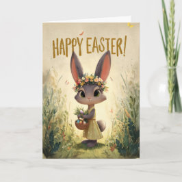 Cartão Yellow Dress Flower-Crown Bunny Easter Card