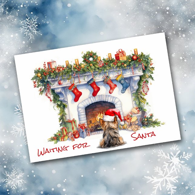 Cartão Yorkie Dog esperando por Papais noeis Lareira de N (Criador carregado)