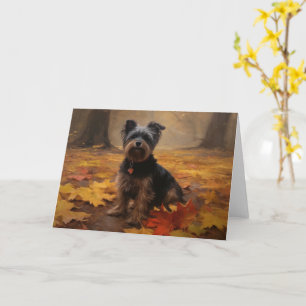 Cartão Yorkipoo nas Folhas de Outono Caem Inspirar