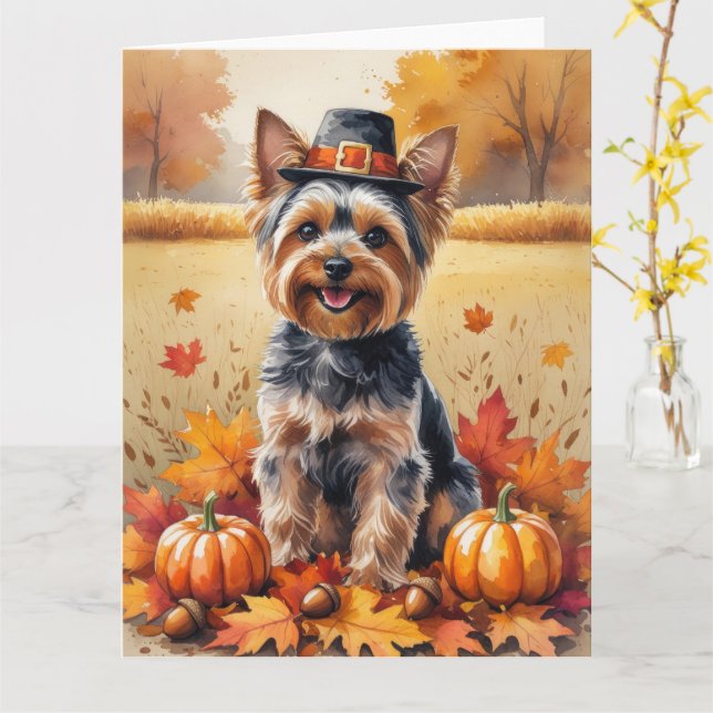 Cartão Yorkshire Terrier Autumn deixa a arte de ação de g (Flor Amarela)