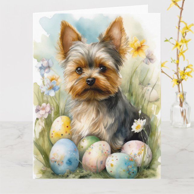 Cartão Yorkshire Terrier Dog Com Feriado De Ovos De Pásco (Flor Amarela)