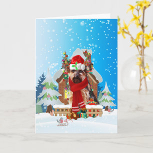 Cartão Yorkshire Terrier em neve com presentes de Natal
