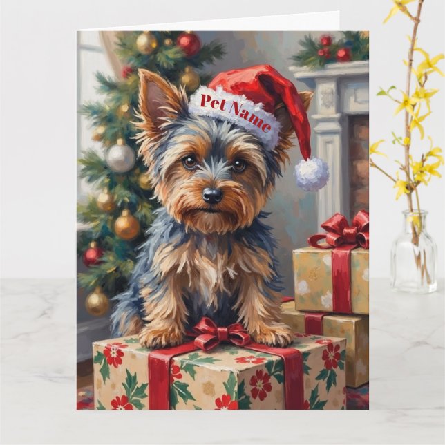 Cartão Yorkshire Terrier em Presentes com Chapéu de Papai (Flor Amarela)