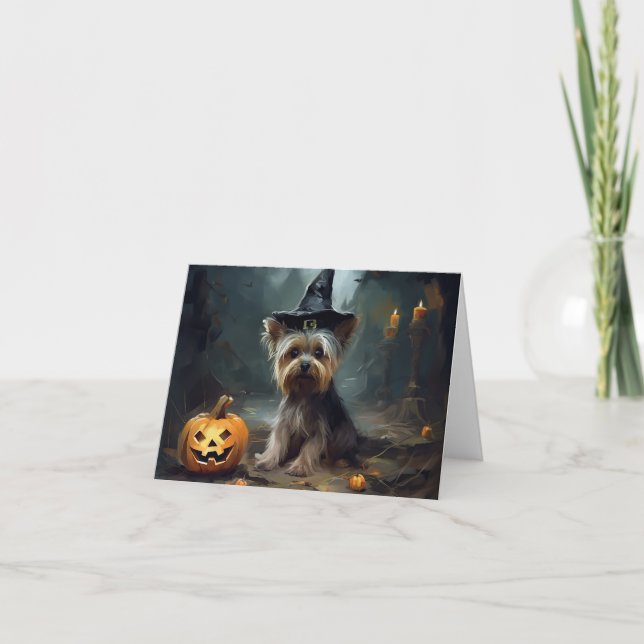 Cartão Yorkshire Terrier Pumpkins Halloween Scary (Frente)