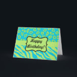Cartão Zebra e Verde limão Teal e Cheetah Personalizadas<br><div class="desc">Diga Feliz Aniversário com este cartão de listras de zebra coloridas e peles de chita. Peles de animais selvagens para design gráfico é uma das tendências mais quentes de arte e design, e é extremamente popular de moda a decoração doméstica. Esta sofisticada coleção de zebra verde-verde limão e impressão chita...</div>