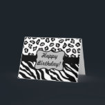 Cartão Zebra preta & branca & feliz aniversario da pele<br><div class="desc">Diga o feliz aniversario com este cartão de listras da zebra e das peles coloridas da chita. As peles animais selvagens para o design gráfico são uma da arte a mais quente e o design tende, e é extremamente popular da forma dirigir a decoração. Este preto sofisticado e e o...</div>