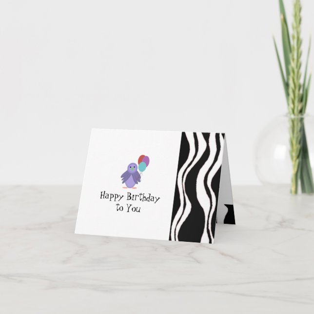 Cartão Zebra Stripe com Pássaro e Balões (Frente)