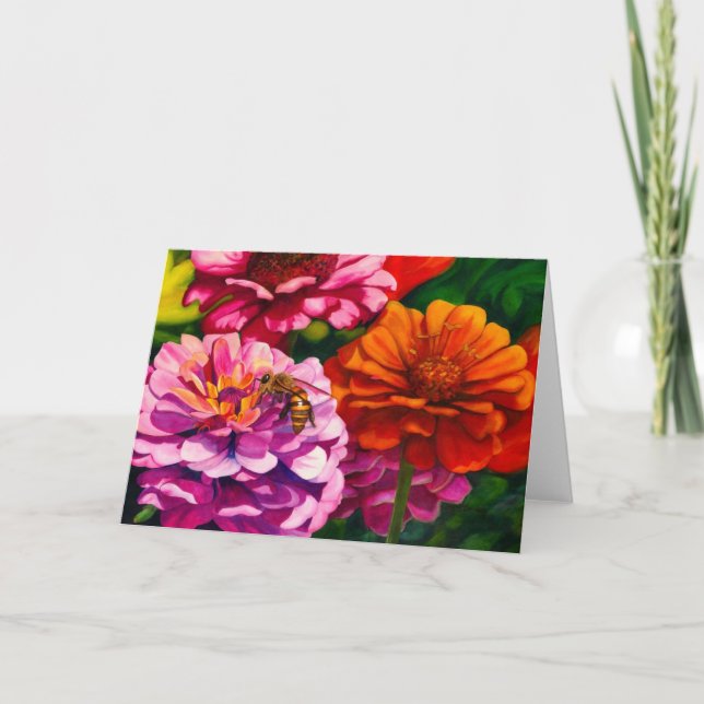 Cartão Zinnias com abelha trabalhadora c (Frente)