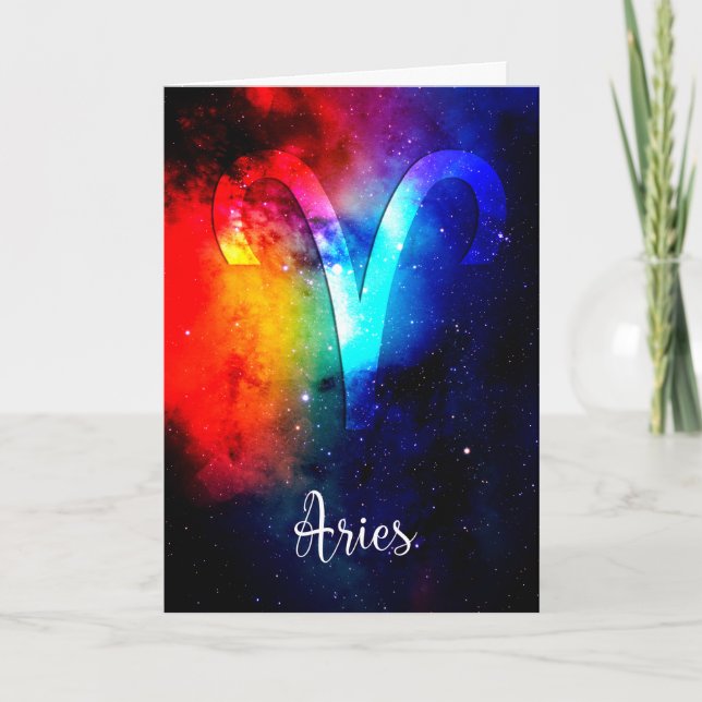 Cartão Zodiac: Aries Rainbow Space Birthday Card (Frente)