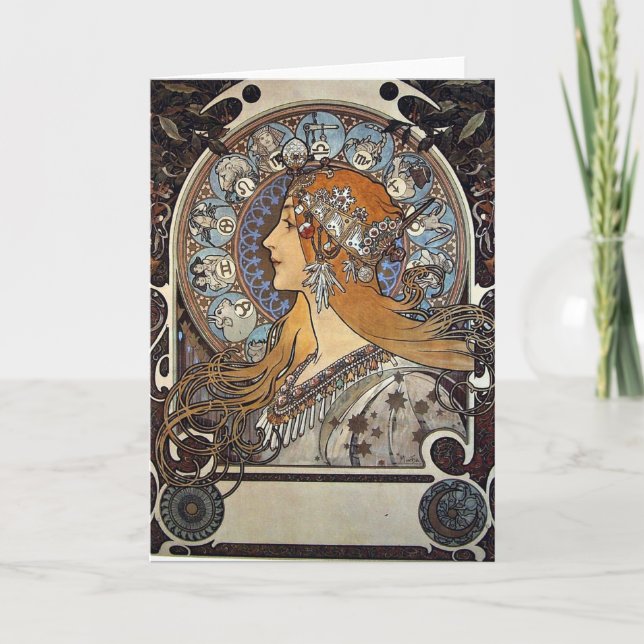 Cartão Zodiac Woman de Alphonse Mucha - Art Nouveau (Frente)