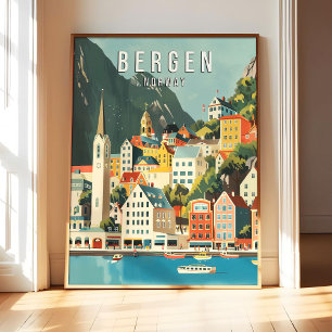Cartaz Arte Impressão Bergen Noruega, Cidade Retro