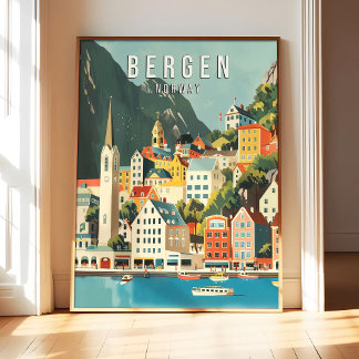 Cartaz Arte Impressão Bergen Noruega, Cidade Retro
