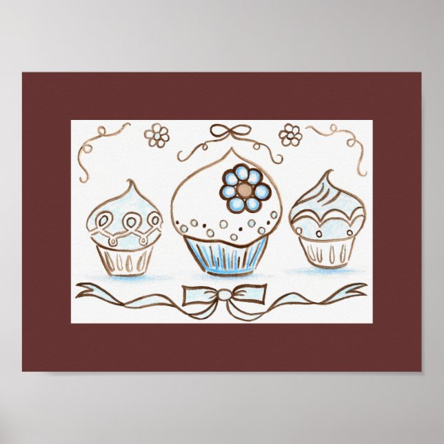 Cartaz de Arte de Cupcake Azul Impressão (Frente)