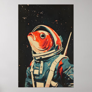 Cartaz de Astronauta Peixe, Impressão Retro Peixe,