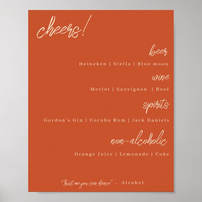 Cartaz de casamento do menu bar - Poster laranja q (Frente)