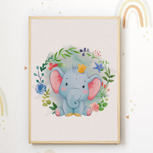 Cartaz de Impressão da Creche Floral de Elefante Q