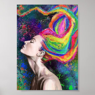 Cartaz de Impressão de Mulher de Cabelo Colorido