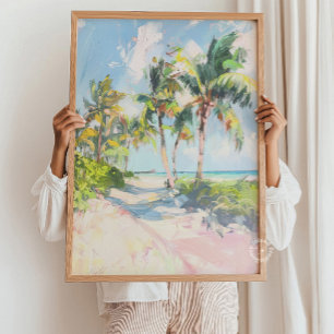Cartaz de impressão de praia tropical com palmeira