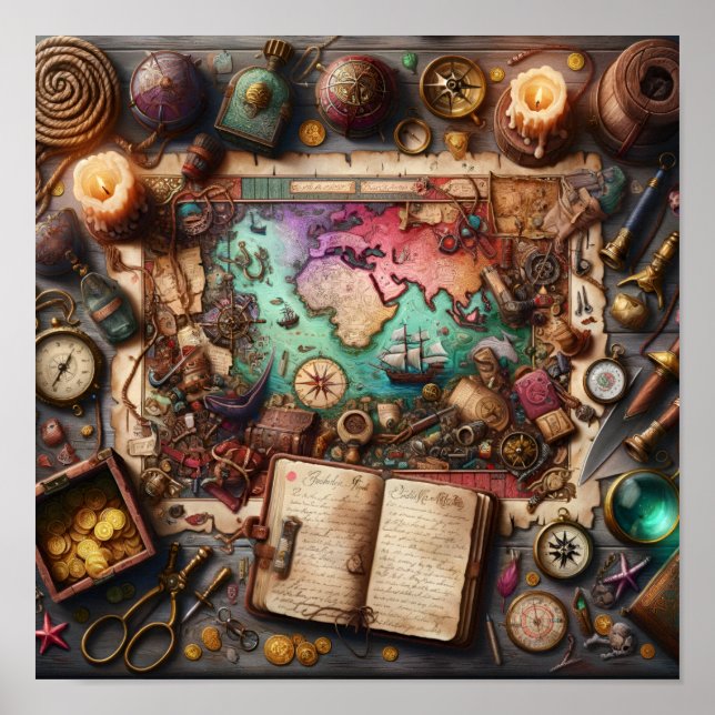 Cartaz de Impressão do Mapa do Tesouro Pirata Vint (Frente)