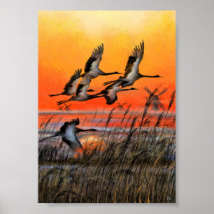 Cartaz de Impressão Pôr do Sol com Pássaros Voando