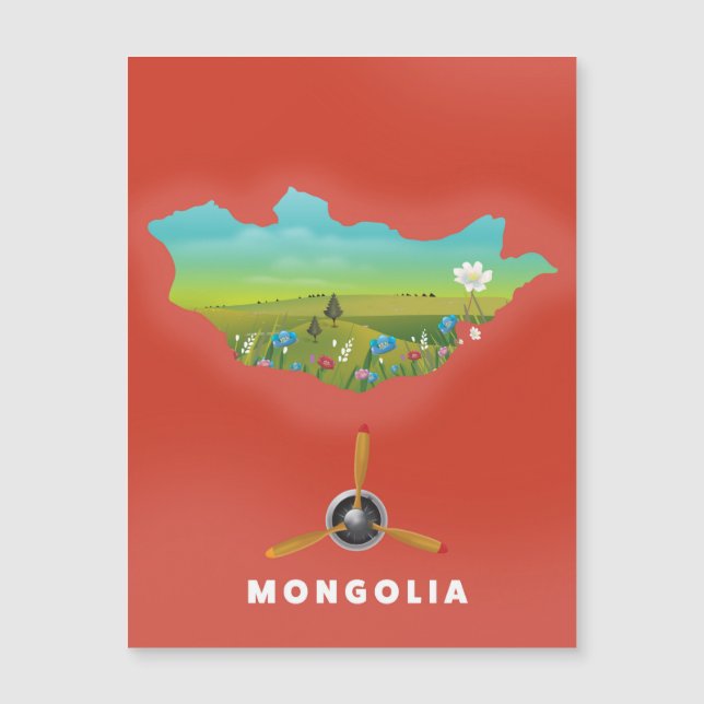 Cartaz de turismo de mapa ilustrado da Mongólia. (Frente)