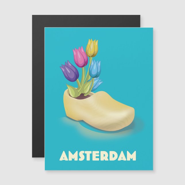 Cartaz de viagem Amsterdam Tamancos e Tulipas. (Frente/Verso)