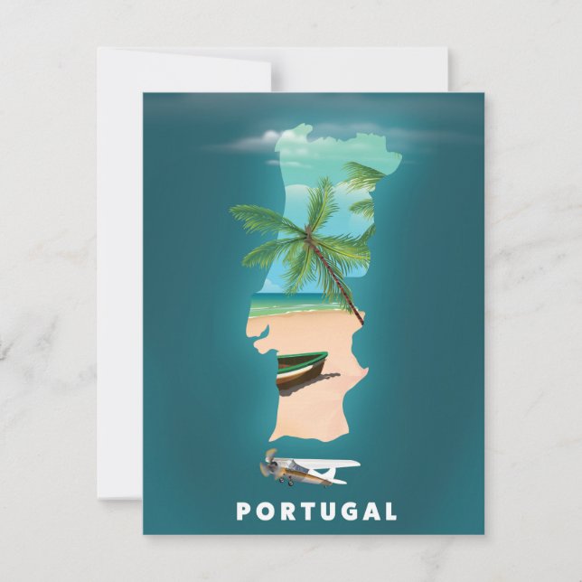 Cartaz de viagem com mapa de Portugal. (Frente)
