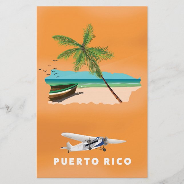 Cartaz de viagem de mapa ilustrado de Porto Rico. (Frente)