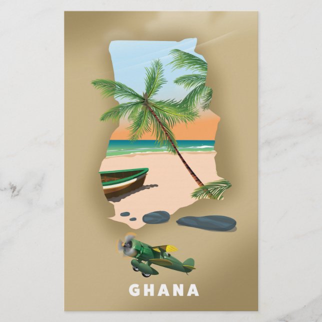 Cartaz de viagem ilustrado do mapa de Gana. (Frente)