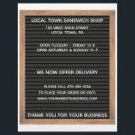 Cartaz do restaurante com dois menus laterais<br><div class="desc">Crie um panfleto para levar o restaurante. Este panfleto de dois lados tem o aspecto de um conselho de letras clássico ou de um sinal de estilo marquee em um conjunto preto em uma estrutura de madeira marrom. A frente do folheto tem pontos para adicionar informações comerciais e detalhes de...</div>
