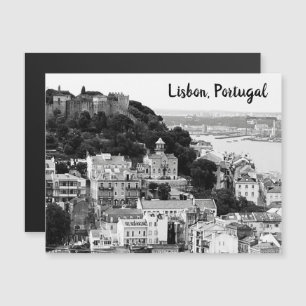 Cartaz negro e branco do horizonte de Lisboa Portu