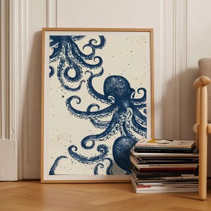 Cartaz Vintage Linocut Octopus Impressão Retro Pol
