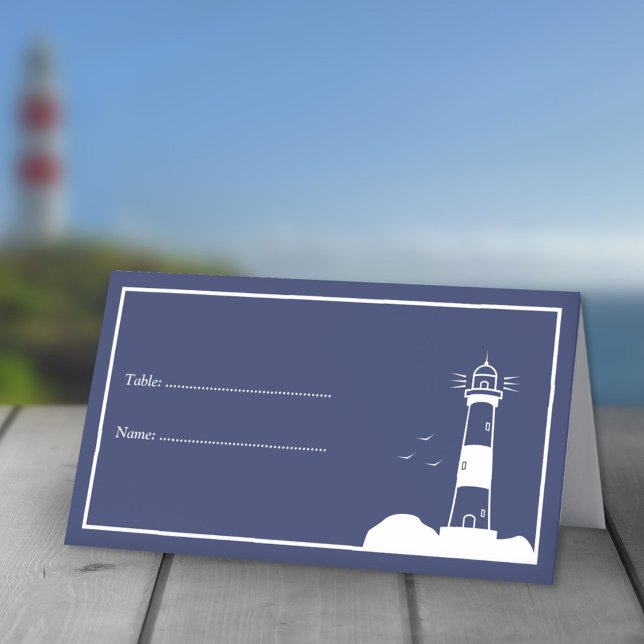 Cartões azuis de Marinho de farol (Lighthouse Navy Blue Wedding Place Cards)