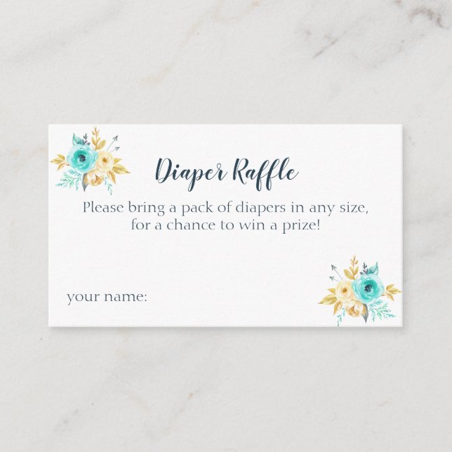 Cartões Chás de fraldas Florais Dourados de Teal f (Frente)