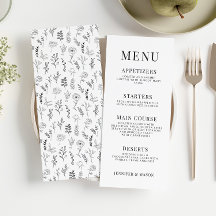Cartões clássicos de cardápio floral preto