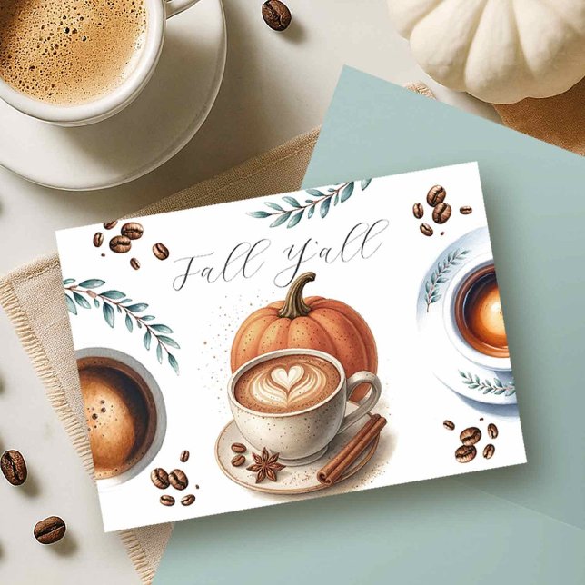 Cartões de Ação de Graças de Pumpkin Spice (flat lay of a pumpkin spice fall y'all thanksgiving thank you card featuring pumpkin & coffee latte)