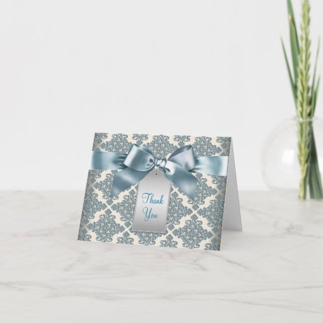 Cartões de Agradecimento Bege Turquesa Azul Damask (Frente)