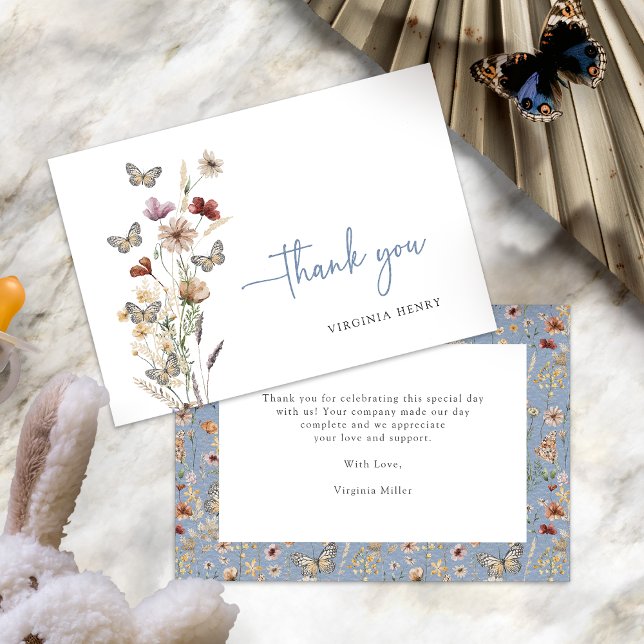 Cartões de Agradecimento Blue Boho Wildflower (Dusty Blue Boho Wildflower Thank You Cards with Butterflies by Painted Paperie
)