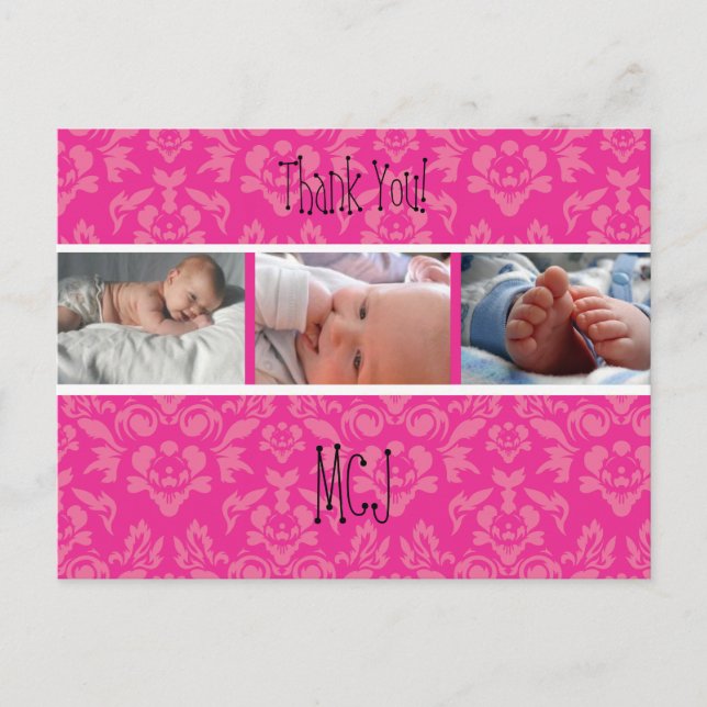 Cartões de agradecimento com monograma Damask 12 d (Frente)