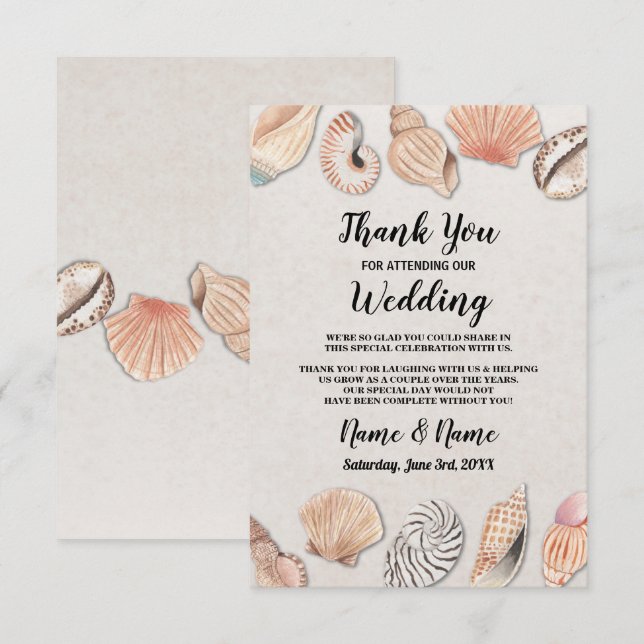 Cartões de Agradecimento Conchas Casamento Praia O (Frente/Verso)