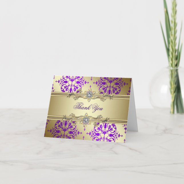 Cartões de Agradecimento Damask Ouro Roxo (Frente)
