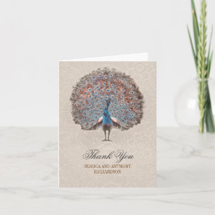 cartões de agradecimento de casamento pavão vintag