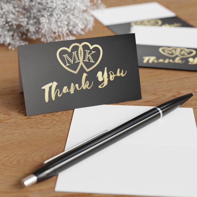 Cartões de Agradecimento de Casamento Pequenos Bla (Mini thank you cards with space for your initials in the gold hearts)