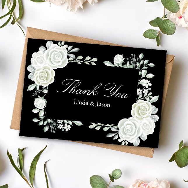 Cartões de Agradecimento de Casamento Rosas Branca (Black gothic white roses thank you cards add dramatic elegance to heartfelt wedding thanks.)