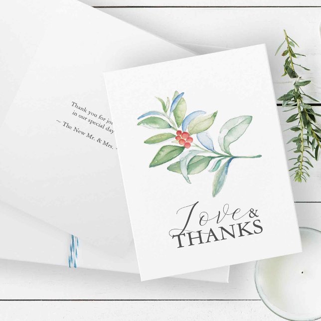 Cartões de Agradecimento de Casamento Tema Natal (Wedding thank you cards with a Christmas theme designed with watercolor botanical art)