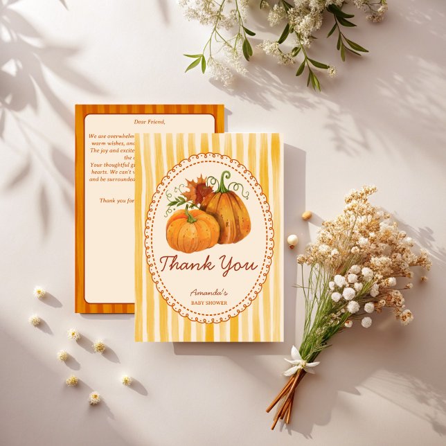 Cartões de agradecimento de chuveiro de bebê retro (Little pumpkin retro stripes fall baby shower thank you cards template)