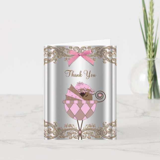 Cartões de Agradecimento de Chuvinha de Bebê Rosa  (Frente)