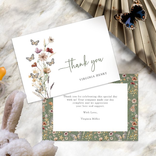 Cartões de Agradecimento de Flores Silvestres Boho (Sage Green Boho Wildflower Thank You Cards with Butterflies by Painted Paperie
)