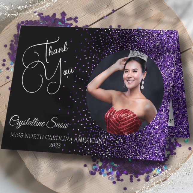 Cartões de Agradecimento de Paginação Personalizad (Show off your sparkle and gratitude with custom purple glitz custom photo pageant thank you cards)