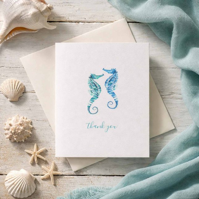 Cartões de Agradecimento de Praia Cavalos-Marinhos (Beach Wedding thank you cards folded watercolor blue seahorses Victoria Grigaliunas Do Tell A Belle)